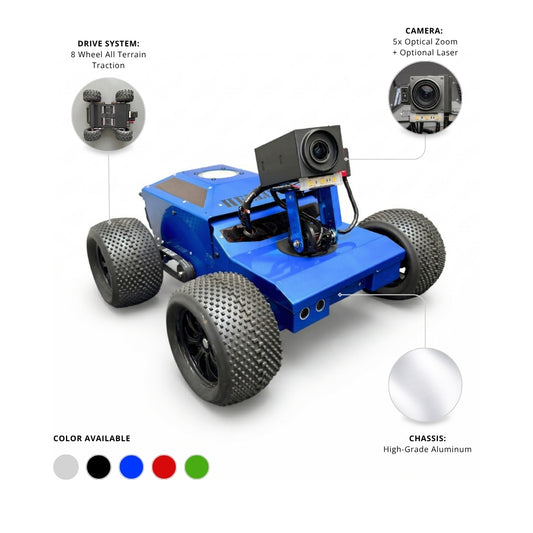 Blue robot chassis with features highlighted on a white background