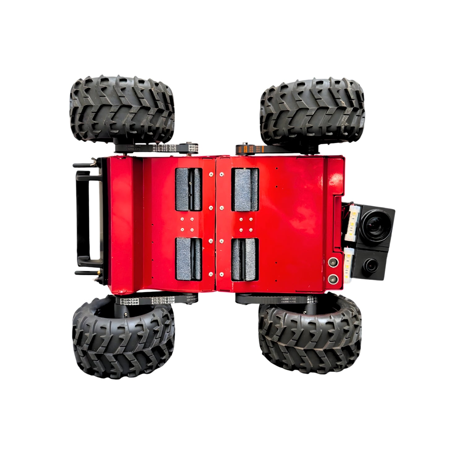 Underside view of the Hellcat Xtreme robot drive system and rugged chassis.