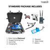 TOBOR robot package with robot, carrying case, game pad, charging kit, repeater, tablet holder, and battery on a white background.