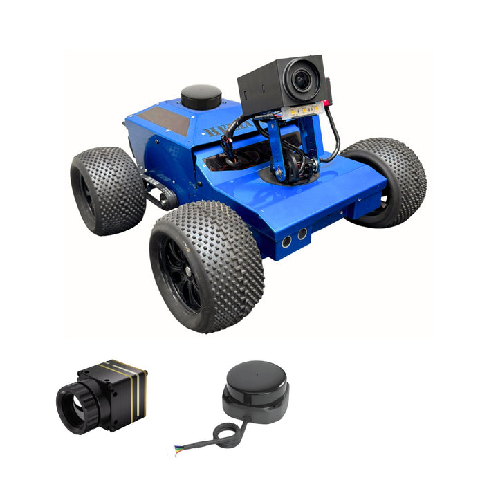 Blue robot chassis with additional components on a white background
