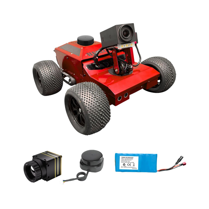 Red robot chassis with components on a white background