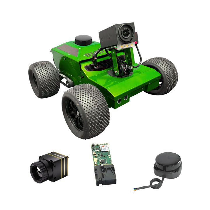 Green robot chassis with components on a white background