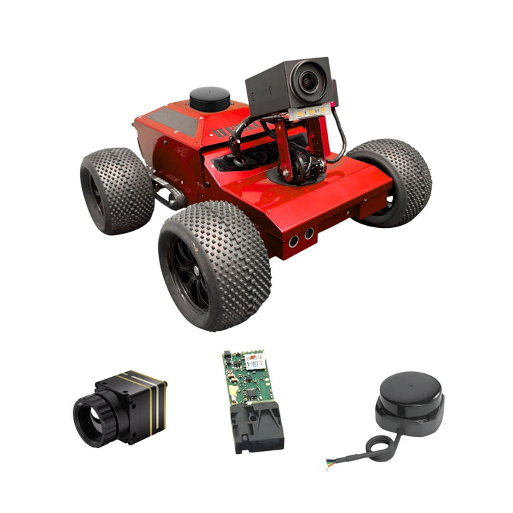 Red robot chassis with attached components on a white background