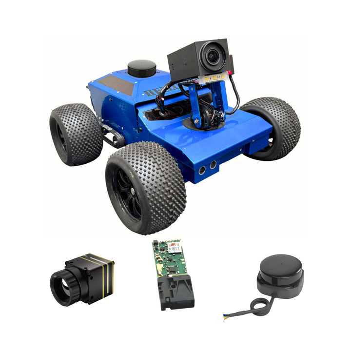 Blue robot chassis with components on a white background