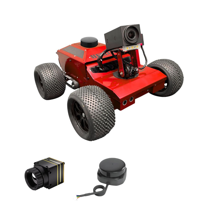 Red robot chassis with additional components on a white background