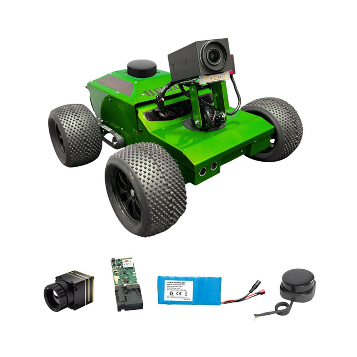 Green robot chassis with components on a white background