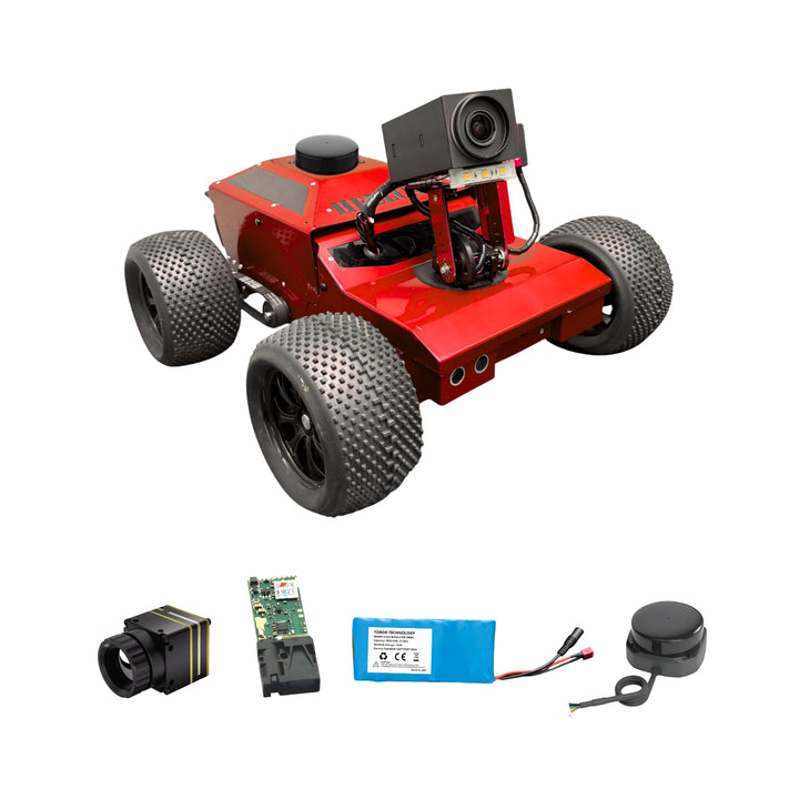 Red robot chassis with components on a white background