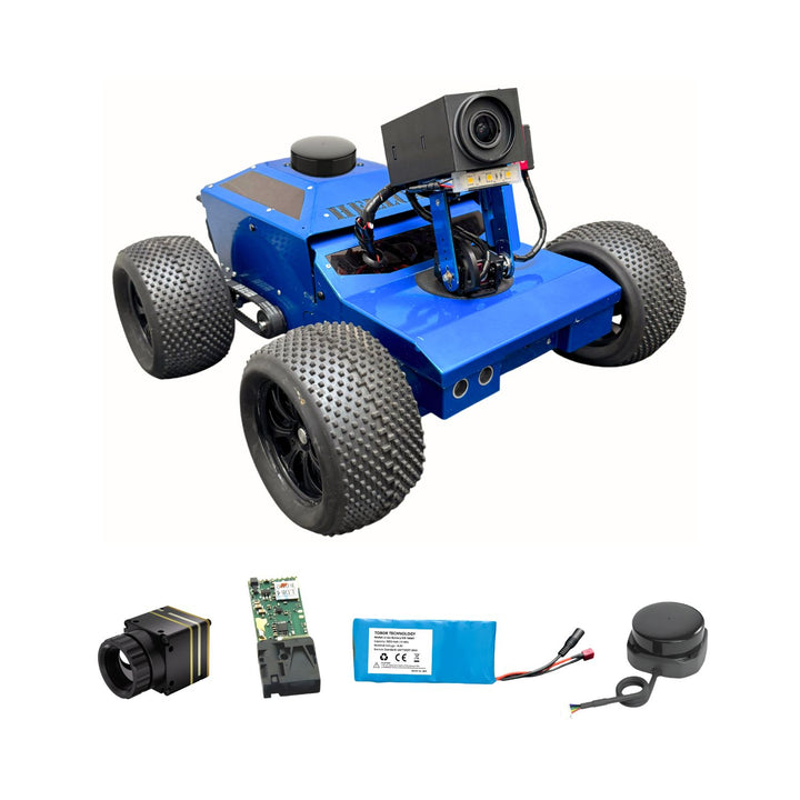 Blue robot chassis with components on a white background
