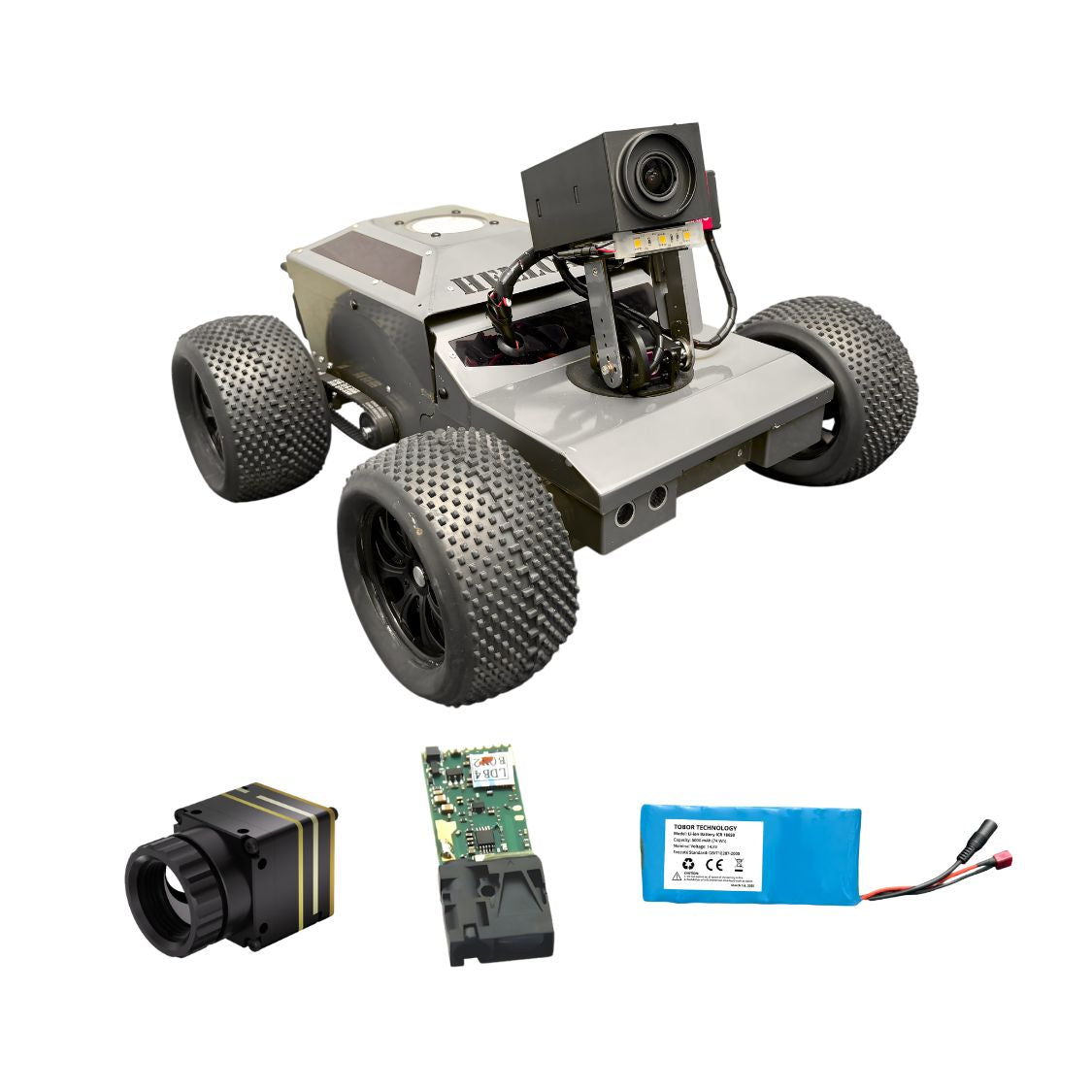 Robot chassis with components on a white background