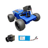 Blue robot chassis with wheels, camera, and battery on a white background