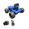 Blue robot chassis with cameras and components on a white background