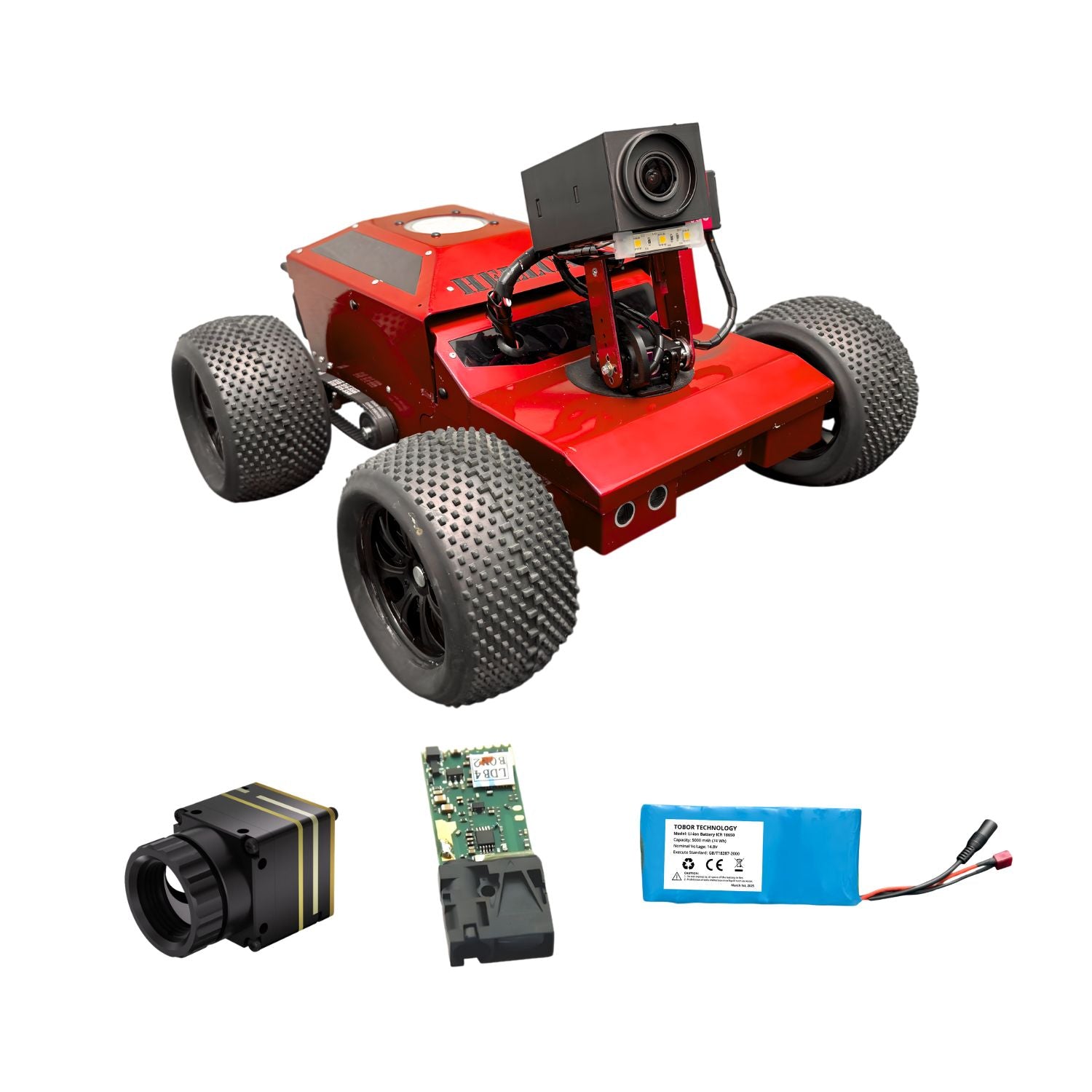 Red robot chassis with components on a white background