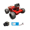 Red robot chassis with camera and battery on a white background