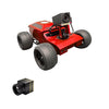 Red robot chassis with large wheels and a camera on a white background