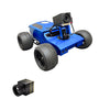 Blue robot chassis with wheels and a camera on a white background