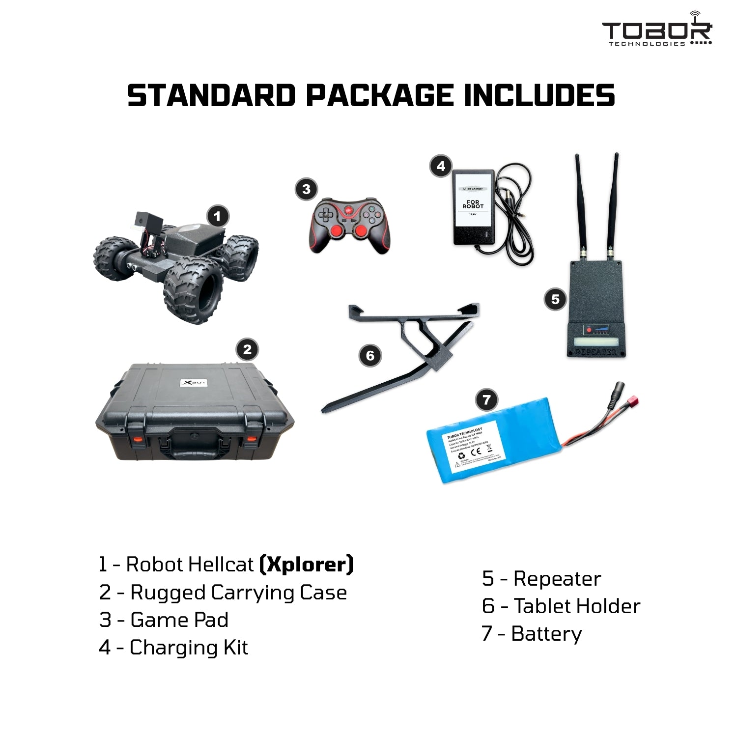 Hellcat Xplorer standard package including robot, controller, battery, and rugged case.