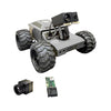 Robot chassis with large wheels and attached components on a white background
