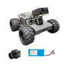 Robot chassis with large wheels, camera, and battery pack on a white background
