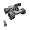 Robotic vehicle with large wheels and a small computer board on a white background