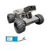 Robotic vehicle with large wheels and a camera on a white background, accompanied by a battery pack.