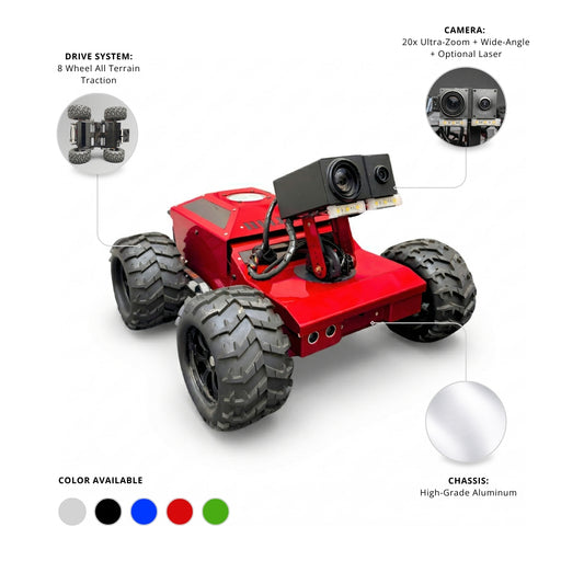 Red robot chassis with features highlighted on a white background