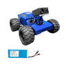 Blue robot chassis with large wheels and a battery pack on a white background