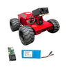 Red robot chassis with large wheels, camera, and electronic components on a white background