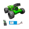 Green remote-controlled car with components on a white background