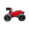 Red off-road vehicle with large black tires on a white background