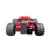 Red remote control car with large black wheels on a white background