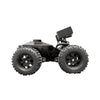 Black robot with large wheels on a white background