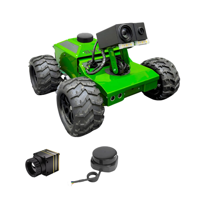 Green robot chassis with large wheels and attached components on a white background
