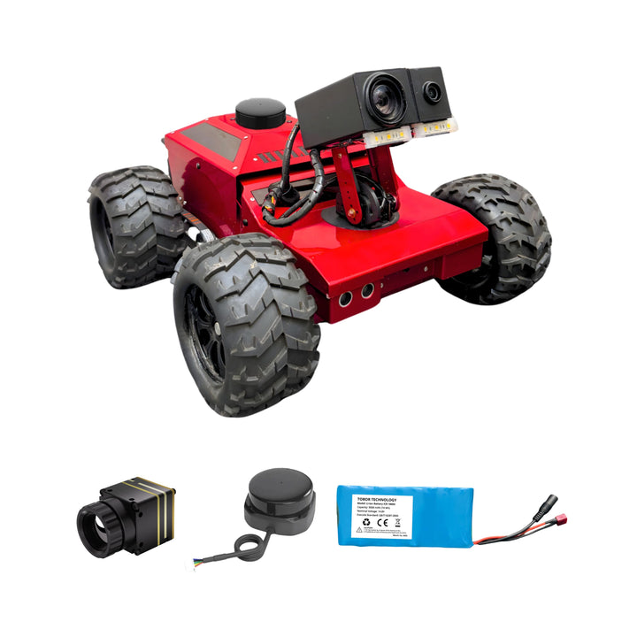 Red robot chassis with camera, battery, and other components on a white background