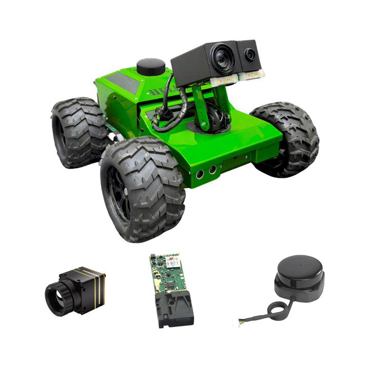 Green robot chassis with large wheels and electronic components on a white background