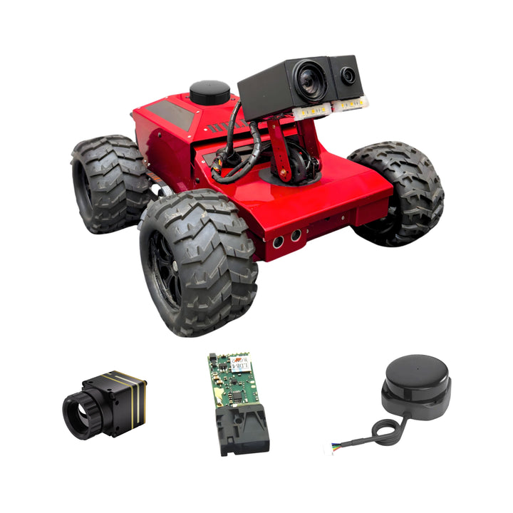 Red robot chassis with large wheels and electronic components on a white background