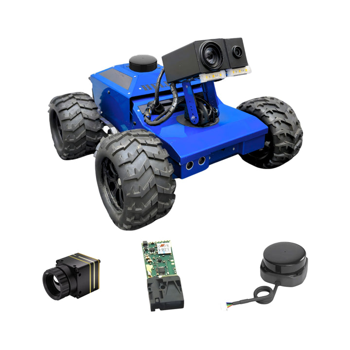 Blue robot chassis with large wheels and electronic components on a white background