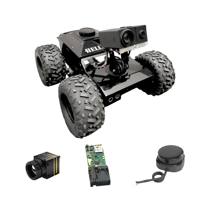 Robot chassis with large wheels and electronic components on a white background