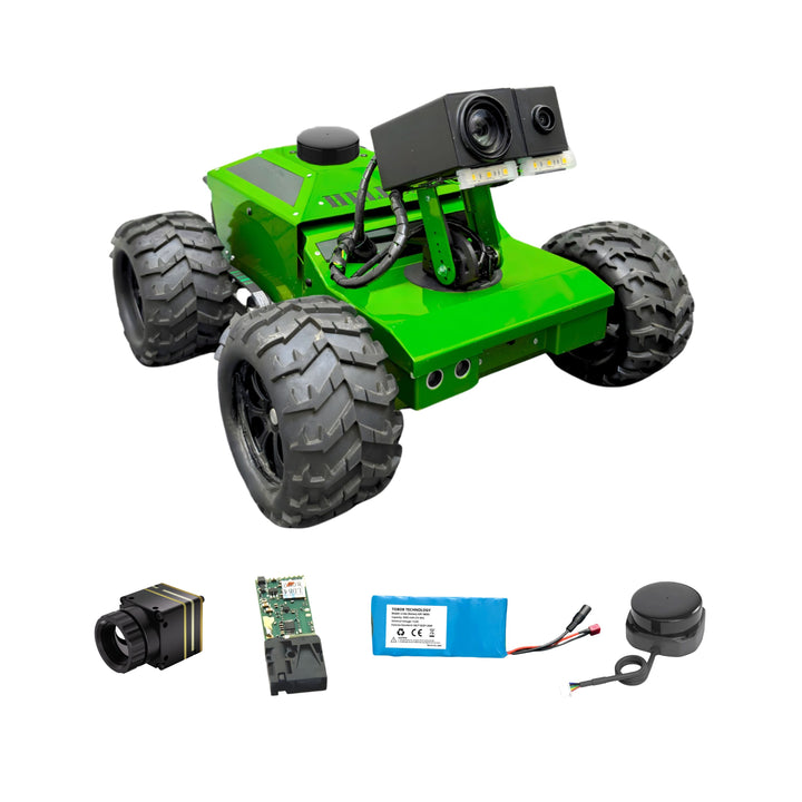 Green robot chassis with components on a white background