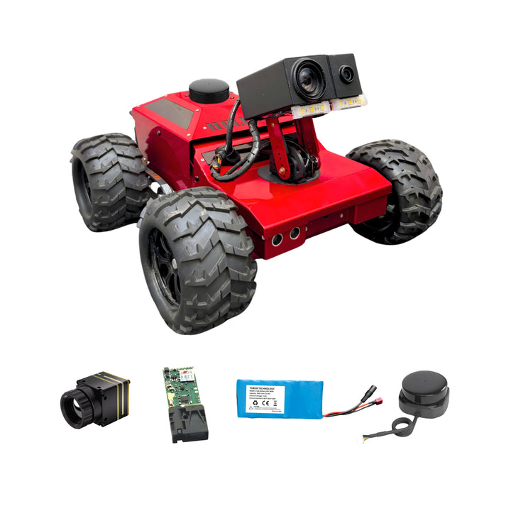 Red robot chassis with components on a white background