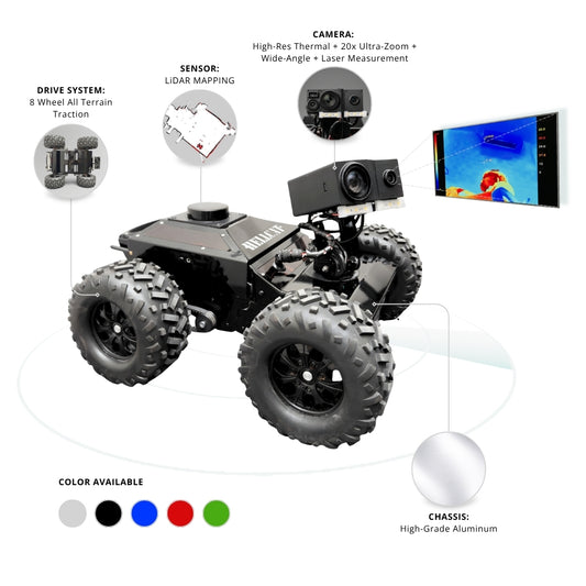 Robotic vehicle with features like drive system, camera, and chassis on a white background