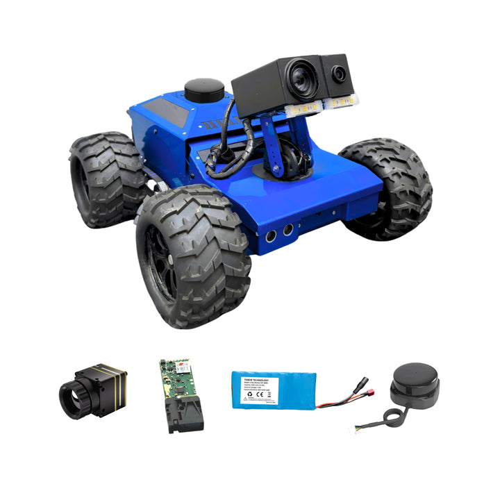 Blue robot chassis with components on a white background