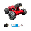 Red robot chassis with large wheels, camera, and battery pack on a white background