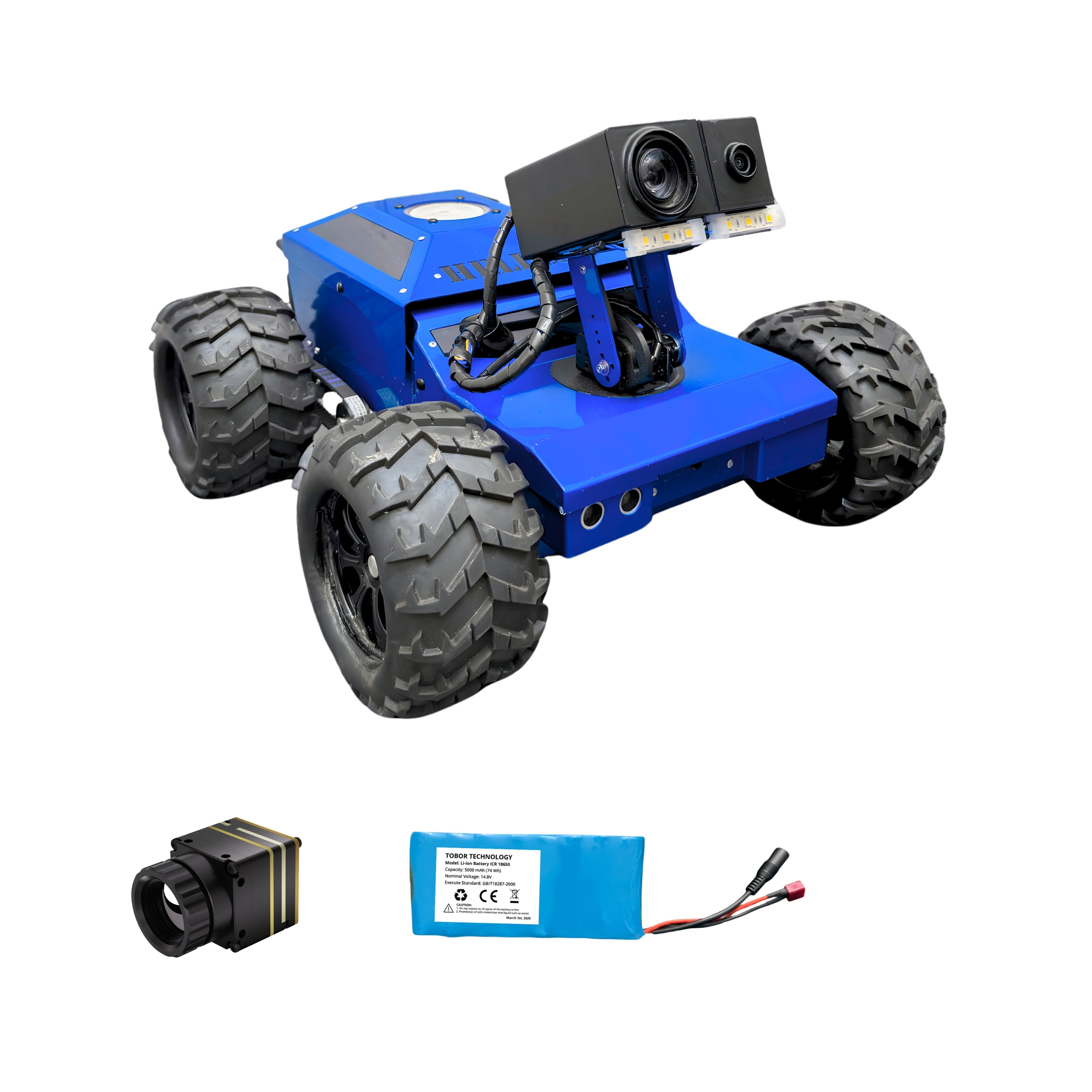 Blue robot chassis with large wheels, camera, and battery pack on a white background