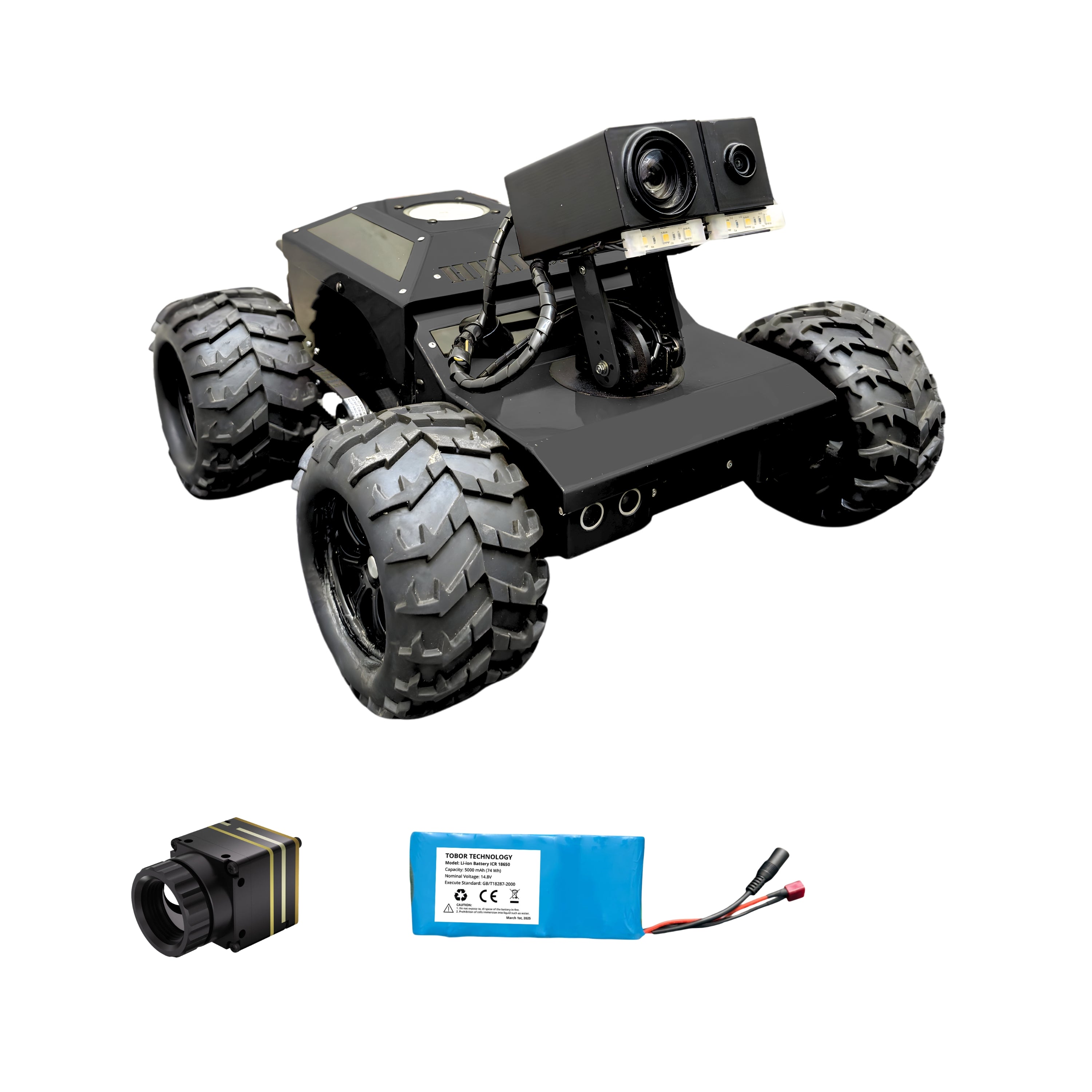 Robot chassis with large wheels, camera, and battery pack on a white background
