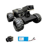 Robot chassis with large wheels, camera, and battery pack on a white background