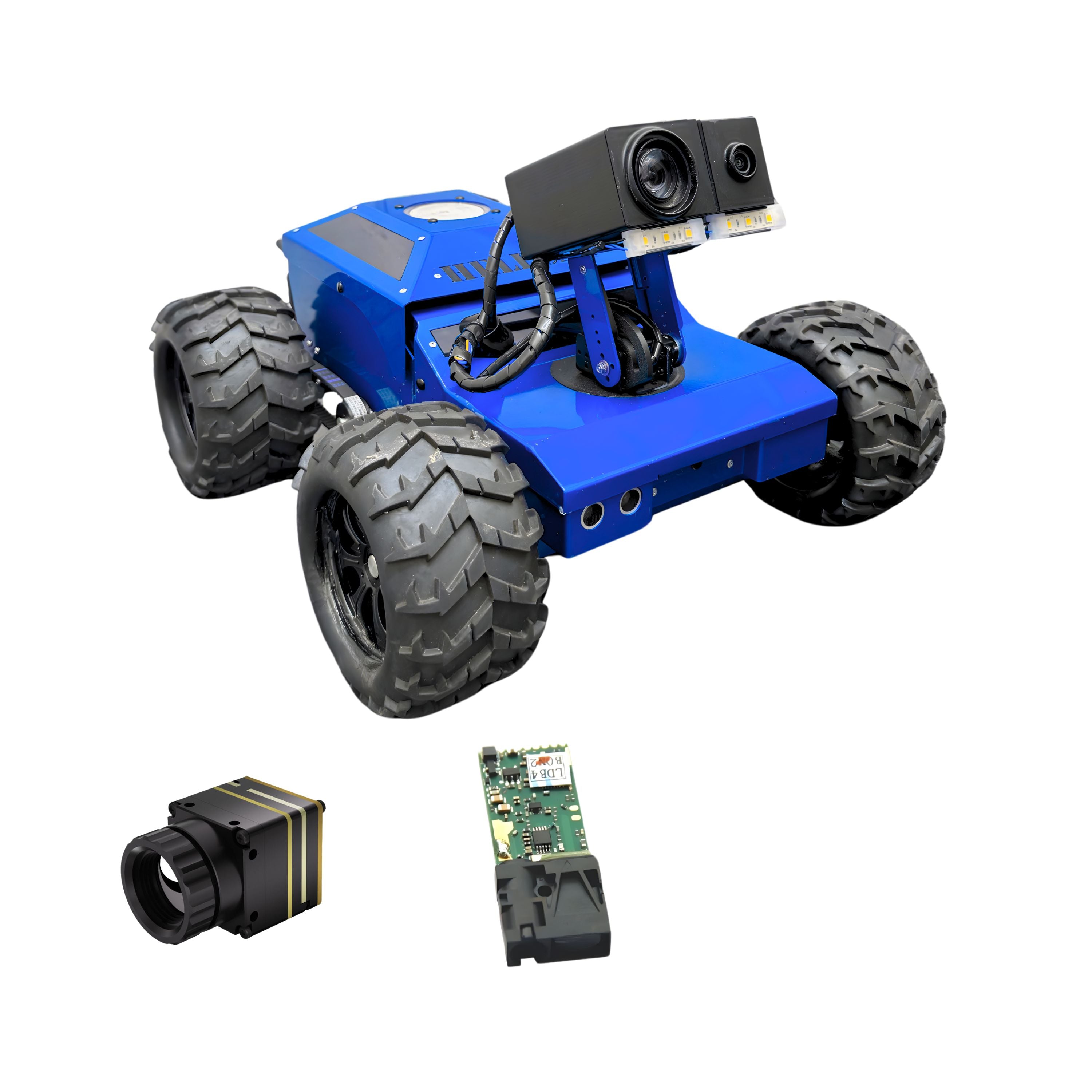 Blue robot chassis with large wheels and attached components on a white background