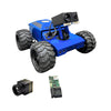 Blue robot chassis with large wheels and attached components on a white background