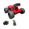 Red robot chassis with large wheels and attached cameras on a white background