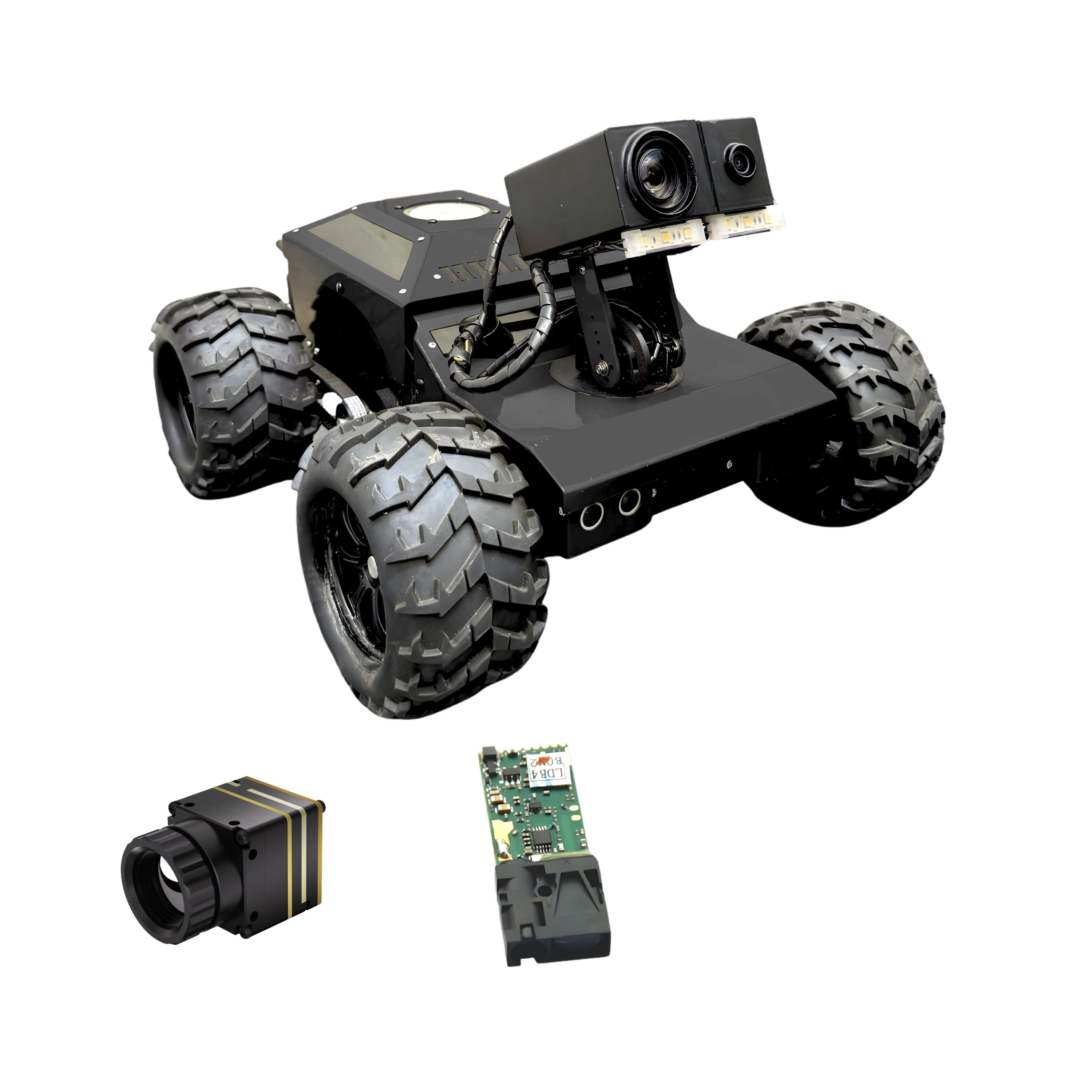 Robot chassis with large wheels and attached cameras on a white background