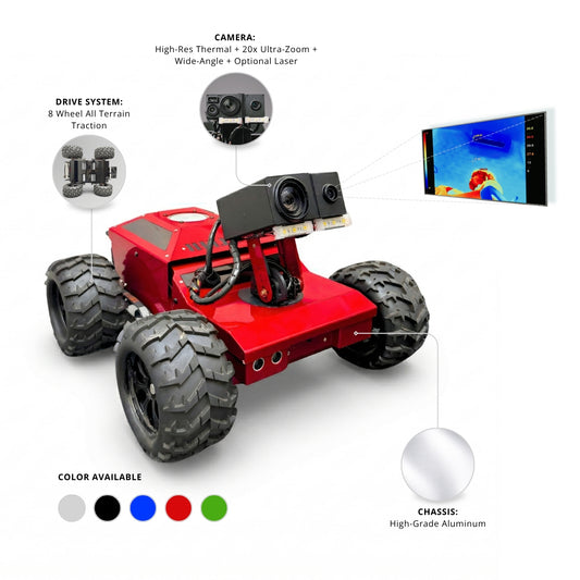 Red robot chassis with features highlighted on a white background